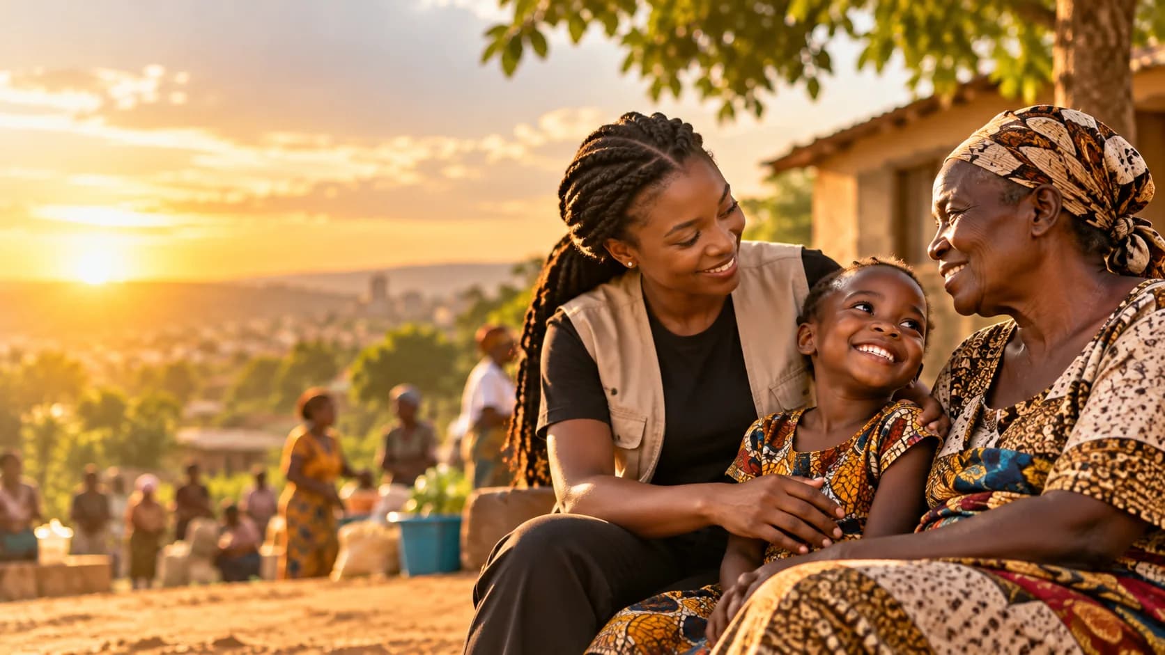 Community volunteer connecting with a child and family